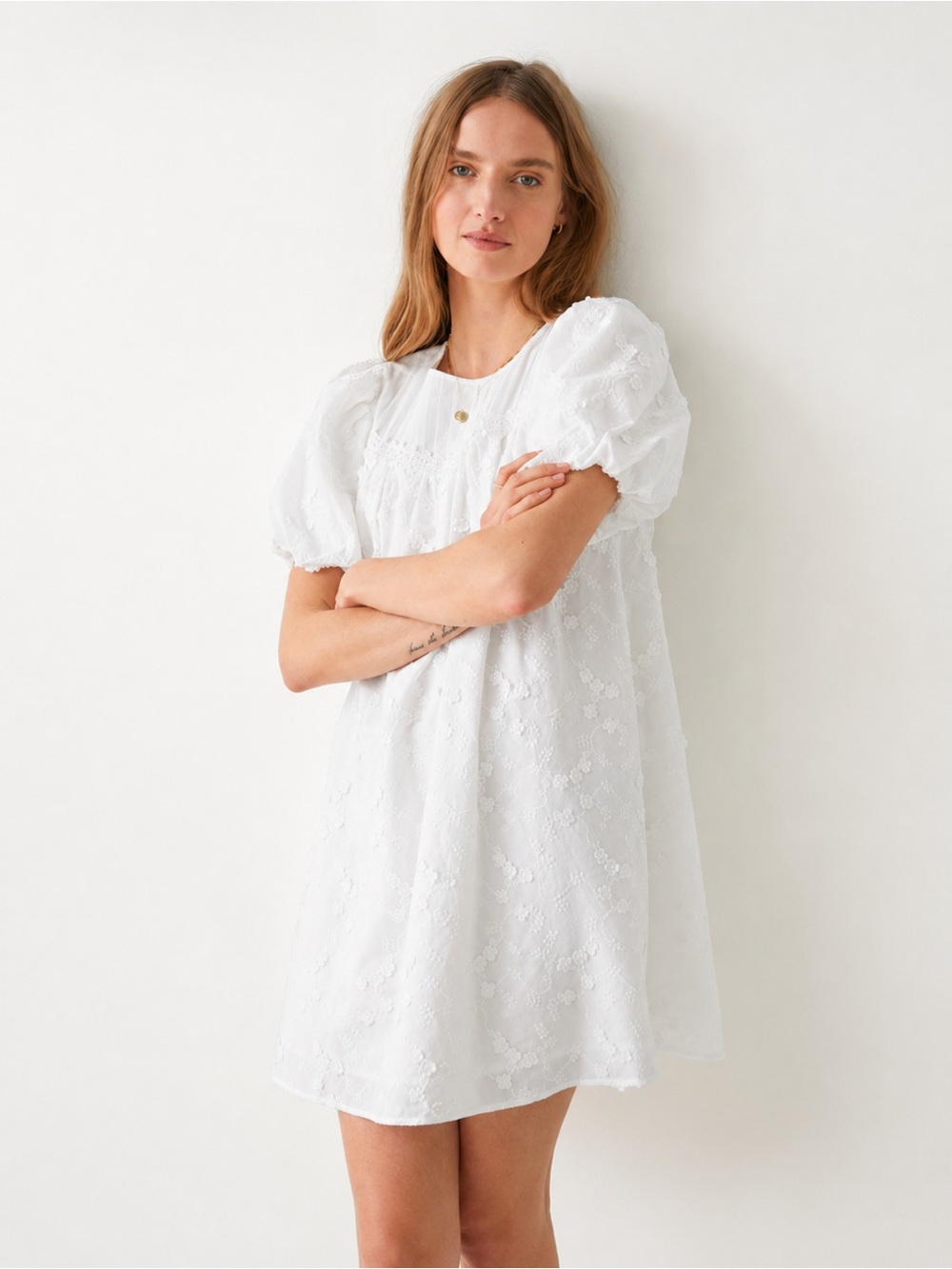 &Other Stories White Puff Sleeve Eyelet Mini Dress